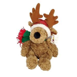 Vintage 80s Chrisha Playful Plush Christmas Reindeer Hat Scarf Brown Red Green